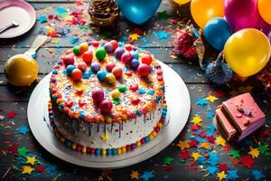 uma aniversário bolo com colorida granulados e balões. gerado por IA foto