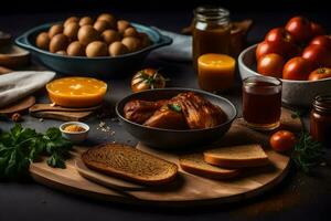 Comida em uma mesa com pão, ovos, tomates e de outros ingredientes. gerado por IA foto