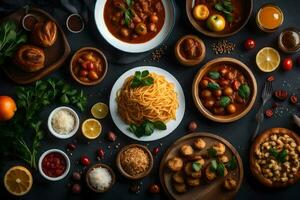 vários pratos do italiano Comida em uma Sombrio fundo. gerado por IA foto