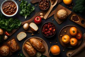 vários alimentos Incluindo pão, vegetais, e feijões. gerado por IA foto