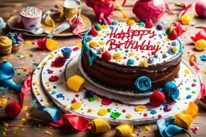 uma aniversário bolo é decorado com colorida confete. gerado por IA foto