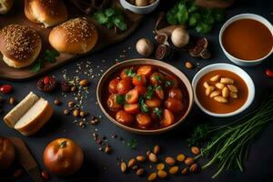 uma tigela do sopa com pão, legumes e de outros ingredientes. gerado por IA foto