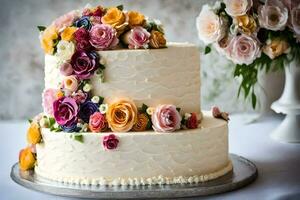 uma Casamento bolo com colorida flores em topo. gerado por IA foto