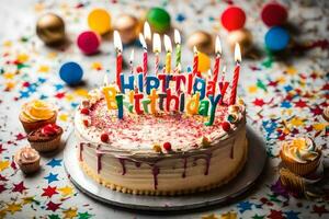 uma aniversário bolo com velas e colorida granulados. gerado por IA foto