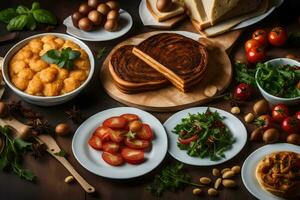 vários alimentos Incluindo pão, queijo, tomates, e de outros ingredientes. gerado por IA foto