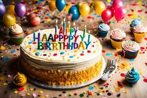 feliz aniversário bolo com velas e confete. gerado por IA foto