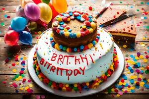 uma aniversário bolo com uma aniversário mensagem. gerado por IA foto