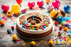 aniversário bolo com velas e confete em de madeira mesa. gerado por IA foto