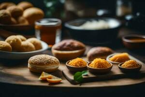 vários tipos do Comida em uma mesa. gerado por IA foto