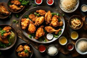 frango asas e de outros pratos em uma mesa. gerado por IA foto