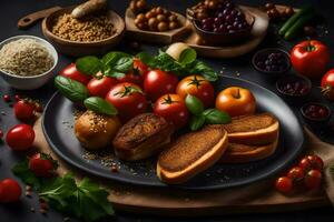 uma prato do Comida com pão, tomates, e de outros ingredientes. gerado por IA foto