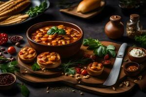 a Comida é servido em uma de madeira mesa com pão, tomates, manjericão, e de outros ingredientes. gerado por IA foto