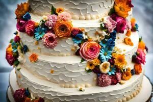 uma Casamento bolo com colorida flores em topo. gerado por IA foto