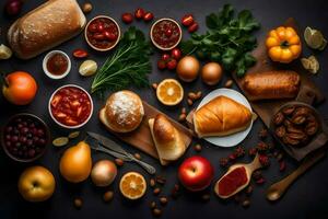 vários alimentos Incluindo pão, vegetais, e fruta. gerado por IA foto