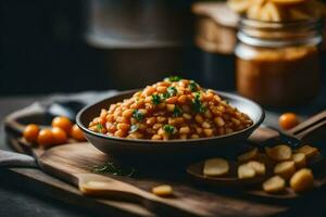 uma tigela do feijões e batatas em uma de madeira mesa. gerado por IA foto