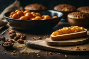 a pão é coberto com querida e nozes. gerado por IA foto