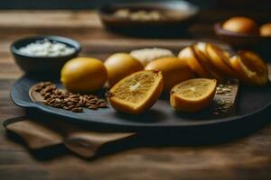 uma prato com laranjas, nozes e uma tigela do cereal. gerado por IA foto