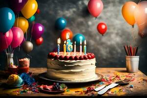 uma aniversário bolo com velas em topo. gerado por IA foto