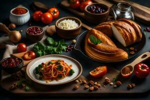 espaguete com tomates, pão e ervas em uma mesa. gerado por IA foto