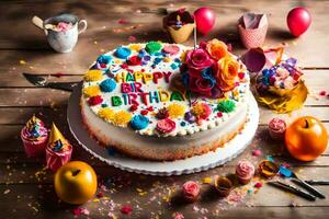 uma aniversário bolo com colorida decorações em uma de madeira mesa. gerado por IA foto