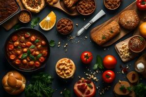 vários tipos do Comida estão arranjado em uma mesa. gerado por IA foto