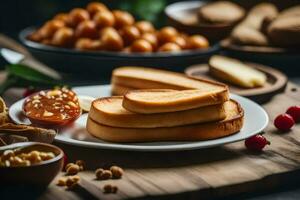 uma prato do pão com manteiga e de outros alimentos. gerado por IA foto