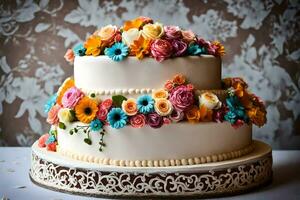 uma três em camadas bolo com colorida flores em topo. gerado por IA foto