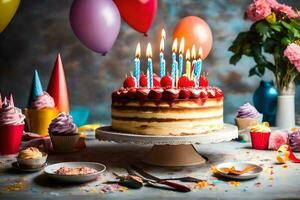 aniversário bolo com velas em uma mesa. gerado por IA foto