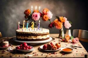 aniversário bolo com velas em a mesa. gerado por IA foto