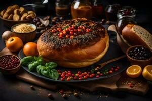 uma pão com vários ingredientes em uma Preto fundo. gerado por IA foto