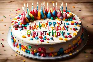 uma aniversário bolo com colorida velas e a palavras feliz aniversário. gerado por IA foto