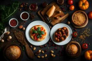 vários alimentos em uma mesa com uma pizza. gerado por IA foto