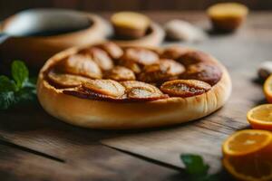 uma pizza com laranjas e especiarias em uma de madeira mesa. gerado por IA foto