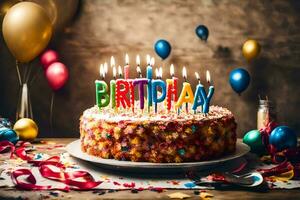 uma aniversário bolo com aceso velas é em uma mesa. gerado por IA foto