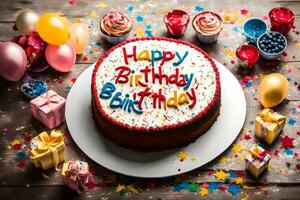 uma aniversário bolo com a palavra feliz aniversário escrito em isto. gerado por IA foto