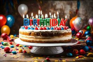 uma aniversário bolo com aceso velas em topo. gerado por IA foto
