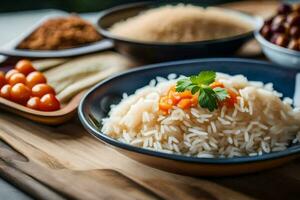 uma tigela do arroz com legumes e especiarias. gerado por IA foto