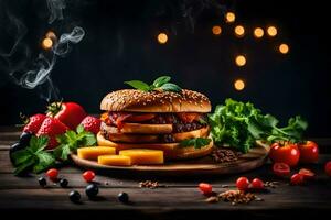 uma Hamburger com queijo, tomates e de outros legumes em uma de madeira borda. gerado por IA foto