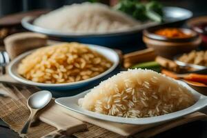 vários tipos do arroz em uma mesa. gerado por IA foto