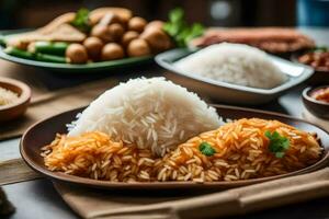 uma prato do arroz com carne e legumes. gerado por IA foto