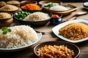 vários taças do arroz e de outros ingredientes em uma mesa. gerado por IA foto