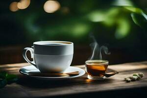 uma copo do café e uma copo do chá em uma de madeira mesa. gerado por IA foto