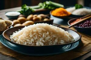 uma tigela do arroz com de outros pratos em uma mesa. gerado por IA foto