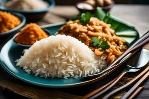 frango Curry com arroz e legumes em uma placa. gerado por IA foto