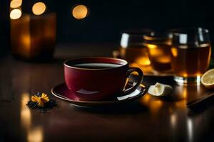 uma copo do chá com uma pires e uma limão em uma mesa. gerado por IA foto