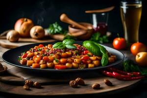 a prato é servido com uma vidro do vinho e uma prato do legumes. gerado por IA foto