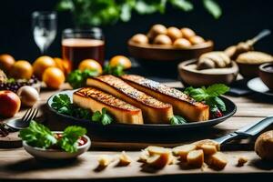 grelhado carne de porco costeletas em uma de madeira mesa com legumes e fruta. gerado por IA foto