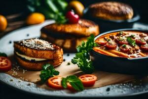 Comida em uma prato com pão e tomates. gerado por IA foto