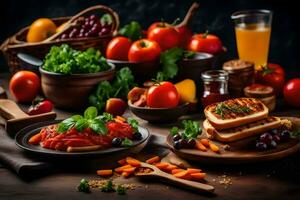 vários alimentos Incluindo pão, legumes e fruta em uma mesa. gerado por IA foto