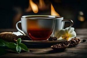 uma copo do chá com flores e uma fogo. gerado por IA foto